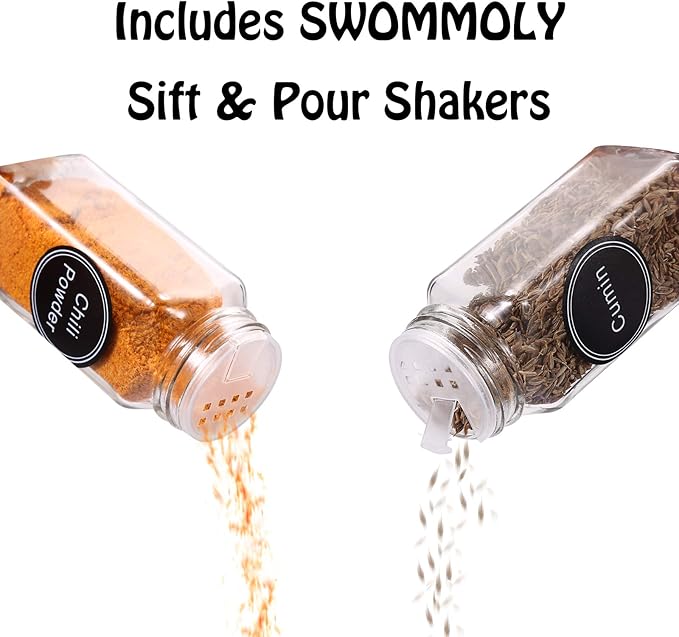 SWOMMOLY 30 Glass Spice Jars 4oz/Square Spice Bottles with 703 Spice Labels, Empty Spice Containers with Pour/sift Shaker Lid, Airtight Cap, Chalk Marker and Funnel Complete Set