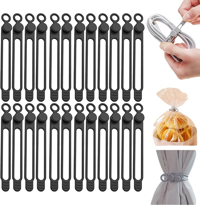 Data Cable Organizer, Silicone Cable Ties Reusable - Elastic Cord Organizer for Electronics, Adjustable Wire Ties for Cable Management,Computer Wires,Phone Charger,Earphone,Home Office (Black, 20PCS)