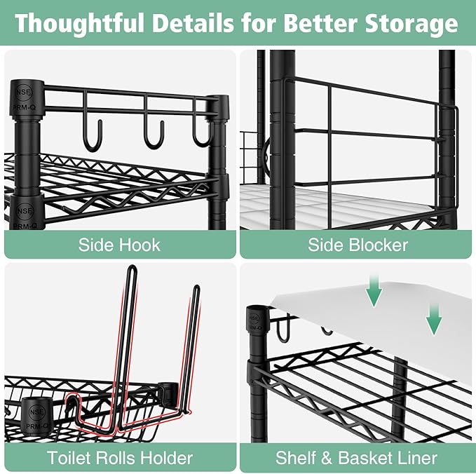 PrimeZone Over The Toilet Storage Shelf - 4 Tier Adjustable Metal Bathroom Wire Shelves Organizer with 2 Hooks, Freestanding Above Toilet Storage Rack for Bathroom Laundry, White