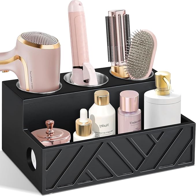 Unistyle Hair Tool Organizer, Wall Mounted, Bathroom Countertop, Vanity Organizer, Black, Wooden, Rectangular, Rustic, Art, 7.1 x 5.3 x 5.3 Inches, Paulownia Wood & Stainless Steel, 1.87 Pounds