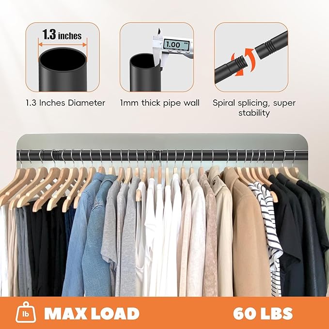 Closet Rod 30-63 Inches, Adjustable Heavy Duty Metal Black Closet Rods for Hanging Clothes 1.3 Inches Diameter for Wardrobes Laundry
