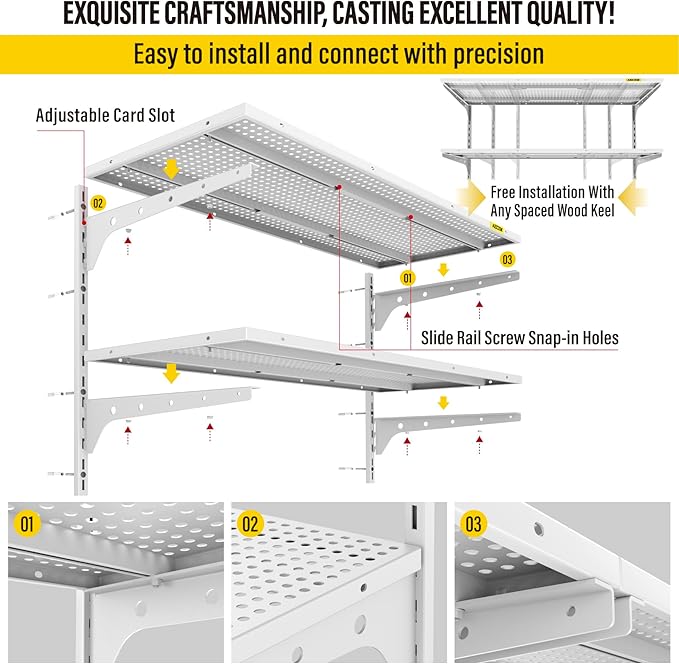 2-Pack 2 Tier 1.3x3ft Garage Shelving Wall Mounted, 500lbs Load Capacity，15.6x36inch per Shelf Height Cassette Adjustable Floating Shelves White