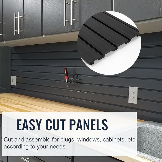 Slatwall Panel Garage Organizer PVC Slatwall Heavy Duty Wall Mounted Rack, Interlocking Slat Wall Panels for Tool Organization Peg Board (Black 4 x 2 ft)
