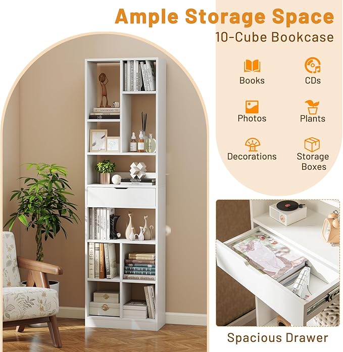 Tangkula 71” Tall Bookcase with Drawer, Modern Bookshelf with 10 Open Cubes, Floor Standing Display Rack Storage Cabinet with Anti-Tipping Kits for Living Room, Study, Office (2, White)