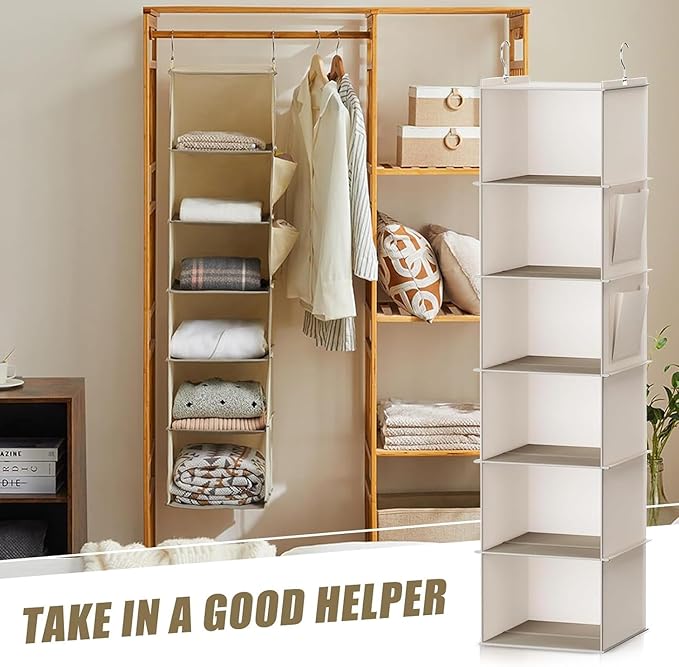 Hanging Closet Organizer 6-Shelf, Beige Storage Solution with Side Pockets for Clothes, Shoes, and Accessories, Closet Organizers and Storage, Send Goods from Local Warehouse