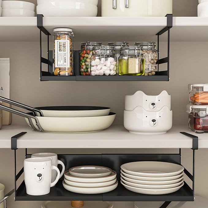 Expandable Under Cabinet Shelf Organizer with 0.94-Inch Thick Clips, Heavy Duty Extendable Under Shelf Storage Basket for Pantry or Laundry Room, Black, 1 Pack, Interior: 4.13" H x 8.54" D