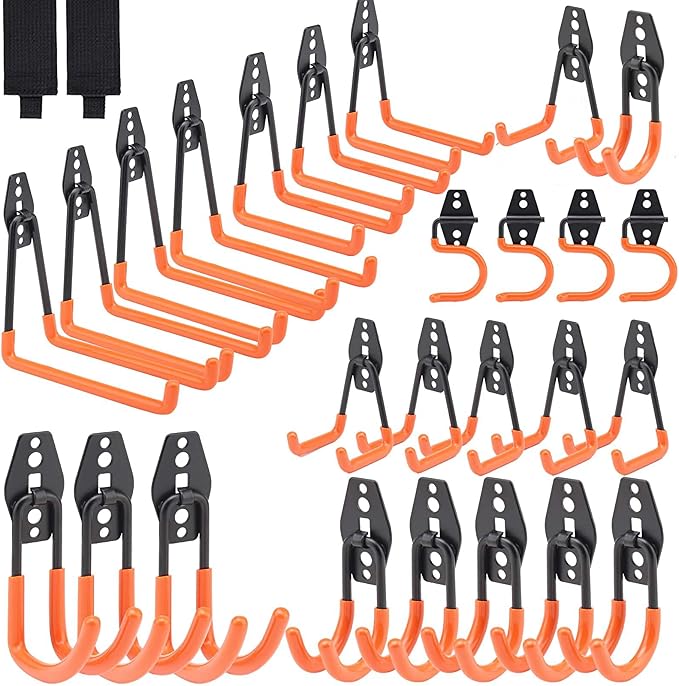 28 Pack Heavy Duty Garage Hooks with Extension Straps, Double Hook Design with Triple Welded Reinforcement, Supports Up to 100 lbs, Ideal for Home, Garden and Tool Storage