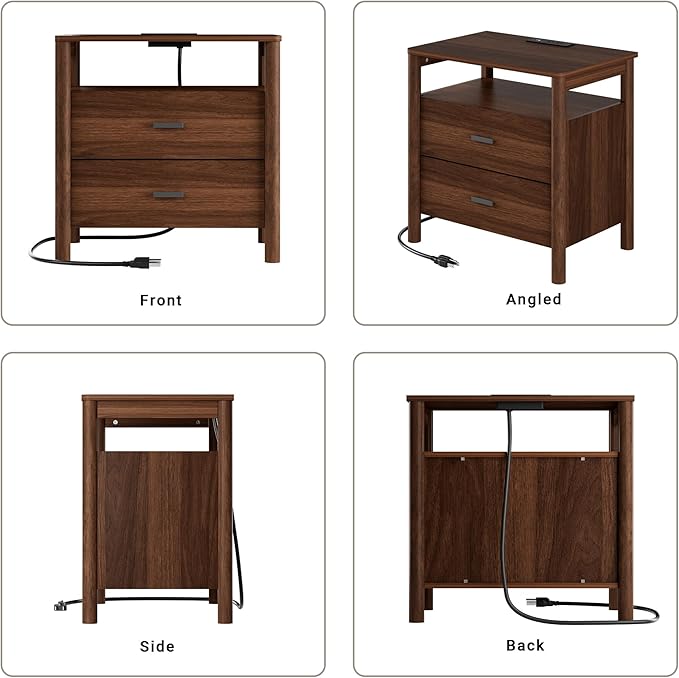 Night Stand with Charging Station, 24" Large Modern Side Table with Solid Round Post Legs, 2 Drawers Nightstand with Open Shelf, End Table/Bedside with Storage for Bedroom, Walnut