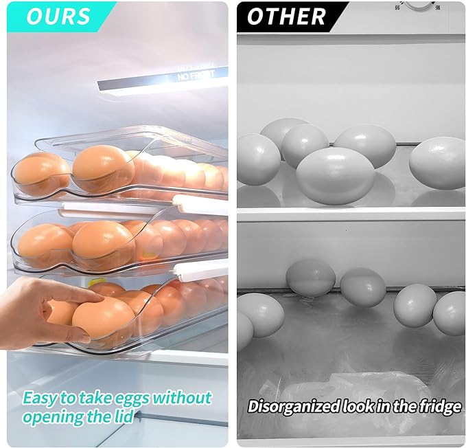 Egg Holder for Fridge, Automatically Rolling Egg Container for Refrigerator, Clear Plastic Fridge Organizers and Storage with Lid, Stackable Egg Dispenser & Tray (3 Tier)