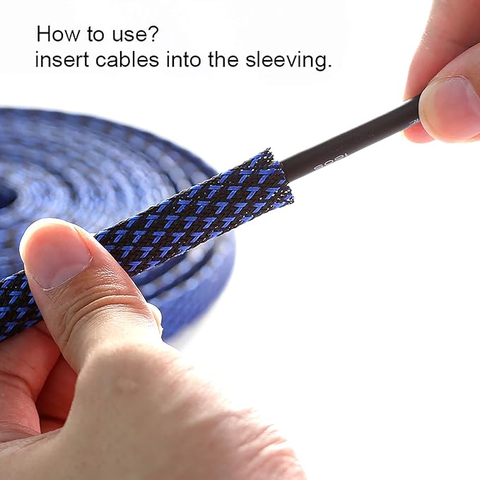 100ft - 3/8 inch PET Expandable Braided Sleeving – BlackBlue – Alex Tech Braided Cable Sleeve