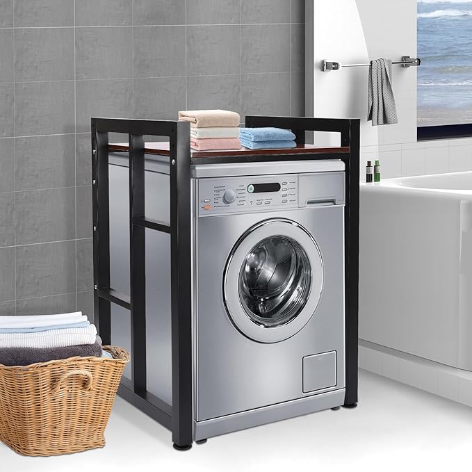 Washer Dryer Stacking Rack Stand, Heavy Duty Washer&Dryer Storage Shelves, Space Saver Stackable Storage Shelf for Laundry Room Apartments Bedrooms (Black, Teak Color)