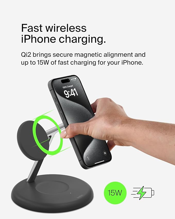 Belkin MagSafe-Compatible 3-in-1 Wireless Charger Stand 15W - Qi2-Certified Wireless Charging Station, Fast Charging of iPhone 16, AirPods, & Apple Watch - 36W Included - Black