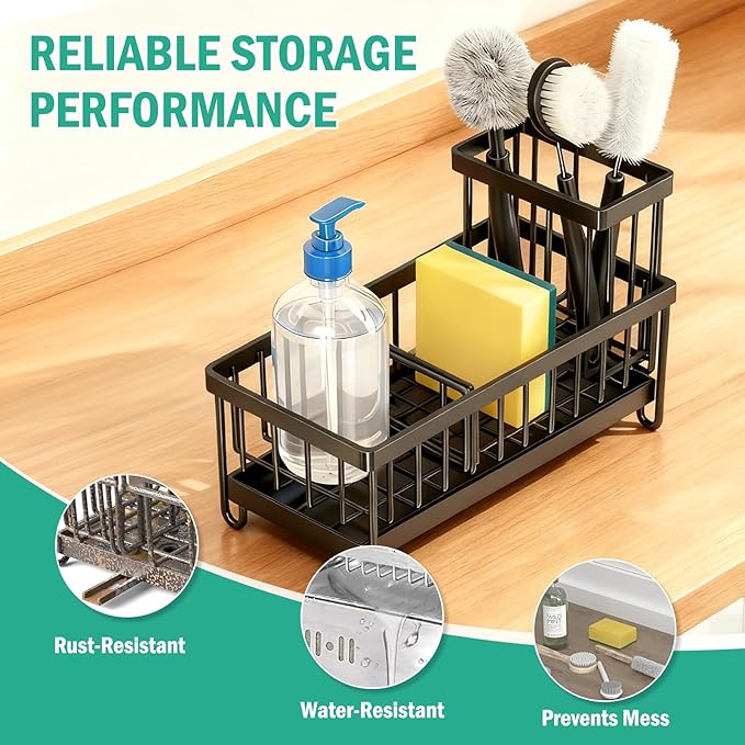 2 Pack Sponge Holder for Kitchen Sink, Sink Caddy Organizer with High Brush Holder & Auto-Drain Tray, Stainless Steel Countertop Storage for Soap Dispenser & Dish Brush, Fast Local Shipping