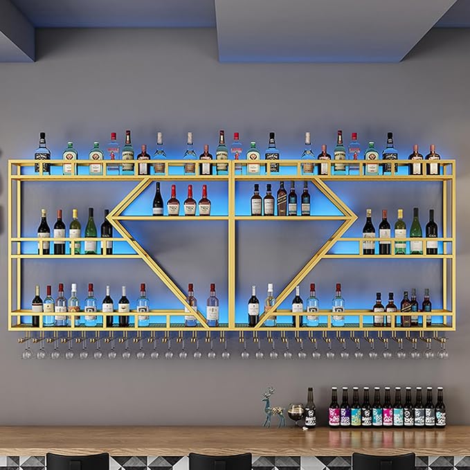 94.48in Metal Wine Rack Wall Mounted, Modern Wine Storage Rack Wall Mounted with Wine Glass Holder, Liquor Shelf, Bar Shelves for Liquor Bottles (3TIERS Gold, 94.48 * 7.87 * 33.85INCH)
