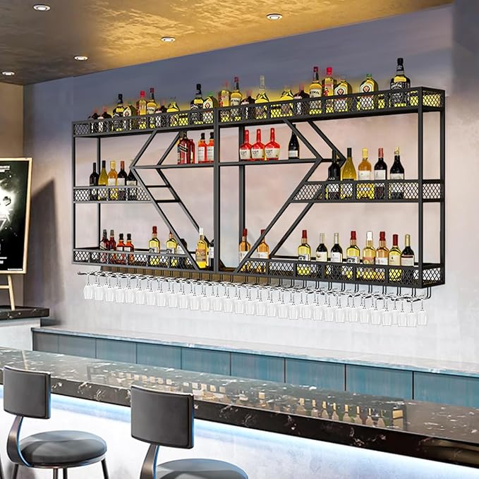 78.7in Wine Rack Wall Mounted, Modern Wine Storage Rack Wall Mounted with Wine Glass Holder, Liquor Shelf, Bar Shelves for Liquor Bottles (3TIERS Gold, 78.7 * 7.87 * 33.85INCH)