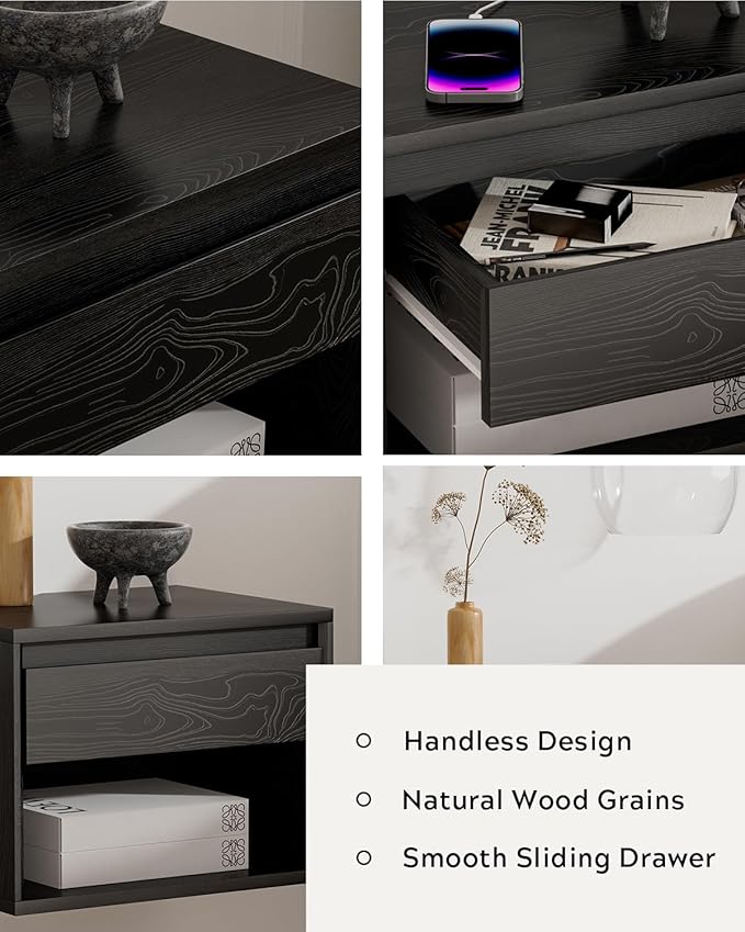Mid Century Modern Floating Nightstand Set of 2, Wall Mounted End Table with Drawer and Open Compartment Wooden Bedside Night Stand Small Storage Cabinet for Bedroom, Black