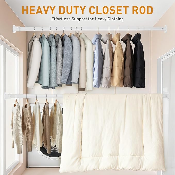 White Adjustable Closet Rod 18-48 Inches, Heavy Duty Metal Clothes Hanging Rod, Rust-Proof Non-Slip Wardrobe Bar for Closet, Laundry Room, RV