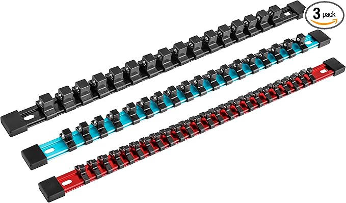 DURATECH Socket Organizer Set, 3-Piece Aluminum Alloy Socket Holder, Heavy Duty Socket Rail, 1/4" x 24 Clips, 3/8" x 18 Clips, 1/2" x 16 Clips