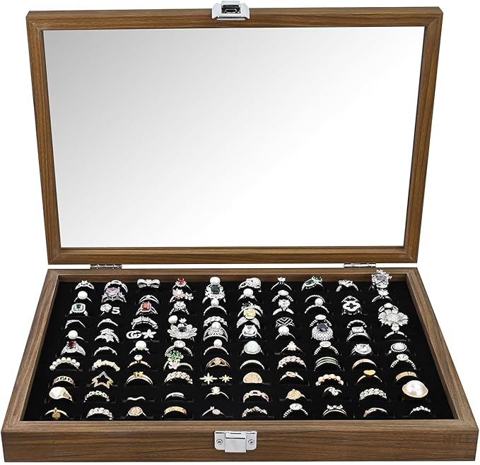 MOOCA Ring Box Jewelry Display Tray, Display Case Accessories Storage Box with Tempered Glass Hinge Lid, Black Lined Jewelry Tray for Rings, Walnut/Black Color, 14.1W x 10.2D x 2.1H in