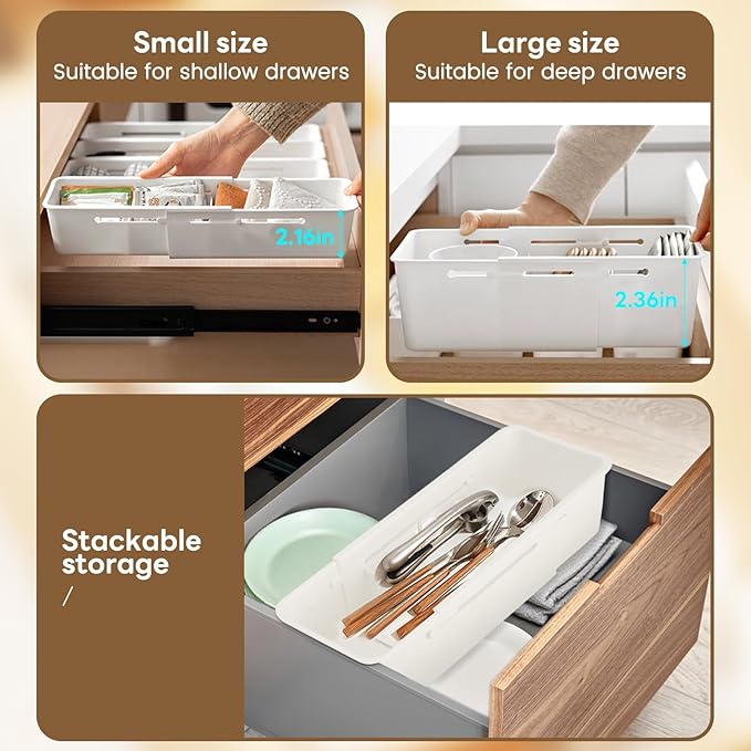 Expandable Drawer Organizers, Adjustable Drawer Dividers Organizers, PP Drawer Organizer Trays for Utensils, Pens, Makeups, Flatware and Junks, Multi-Use (Small)