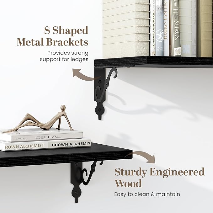 Deep Floating Shelves for Wall, 32"W x 8"D Wall Shelves, 8 Inch Deep Floating Shelf with Bracket, 32 Inch Floating shelves Set of 2, Rustic Shelves for Living Room, Bathroom and Kitchen, Black