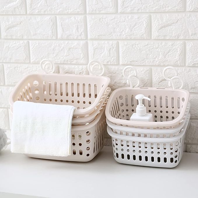 3PCS Plastic Hanging Baskets for Shower, Organizer With Hooks, Rectangle 10.6Inches Small Storage Basket (Beige)
