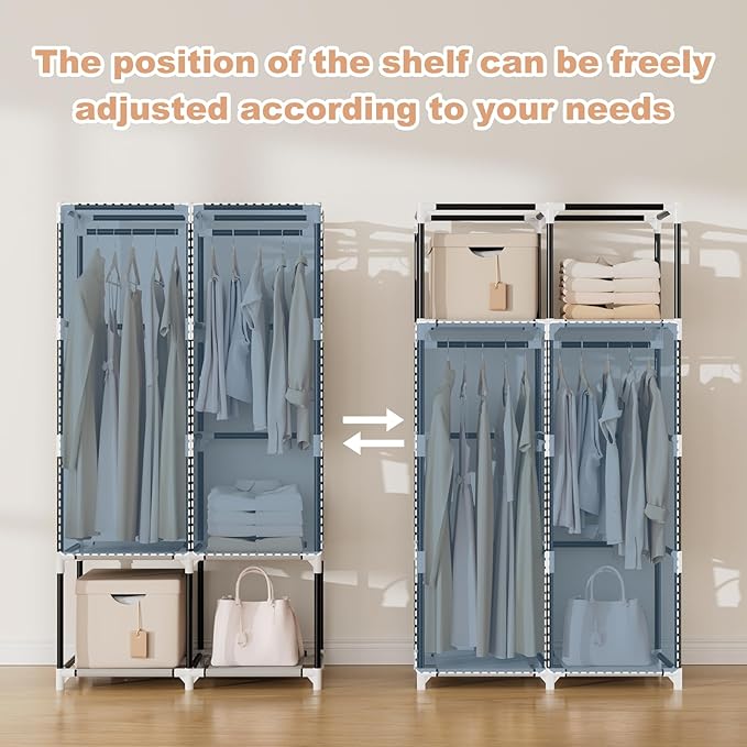 VTRIN Portable Closet Wardrobe for Hanging Clothes with 4 Storage Shelves, 2 Hanging Rods and 6 Pockets, Stable and Easy Assembly Clothes Rack with Cover Free Standing Closet, Brown