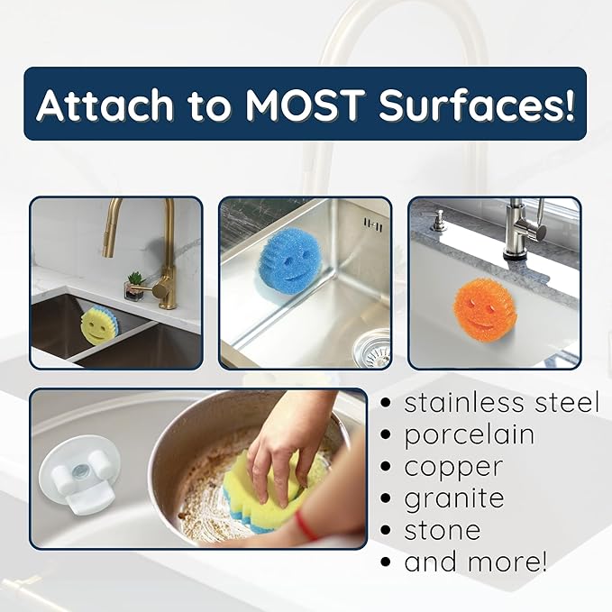BeraTek Smiley Face Sponge Holder for Kitchen Sink – Sponge Daddy Caddy with Suction Cup Keeps Happy Face Sponges Dry & Organized – Sink Scrub Holder – White, 2 Pack
