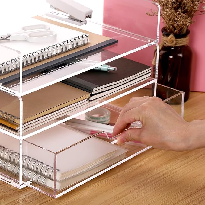 SANRUI 2-Tier Paper Letter Tray Organizer with Sliding Drawer,Stackable Desk Organizer,Acrylic Paper Tray for Office,Home or School,Clear