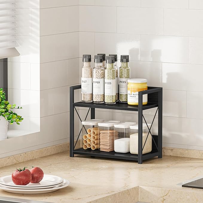 Giikin Kitchen Counter Shelf, 2 Tier Kitchen Spice Rack Organizer for Countertop, Wood Coffee Bar Organizer for Home (Black, S)