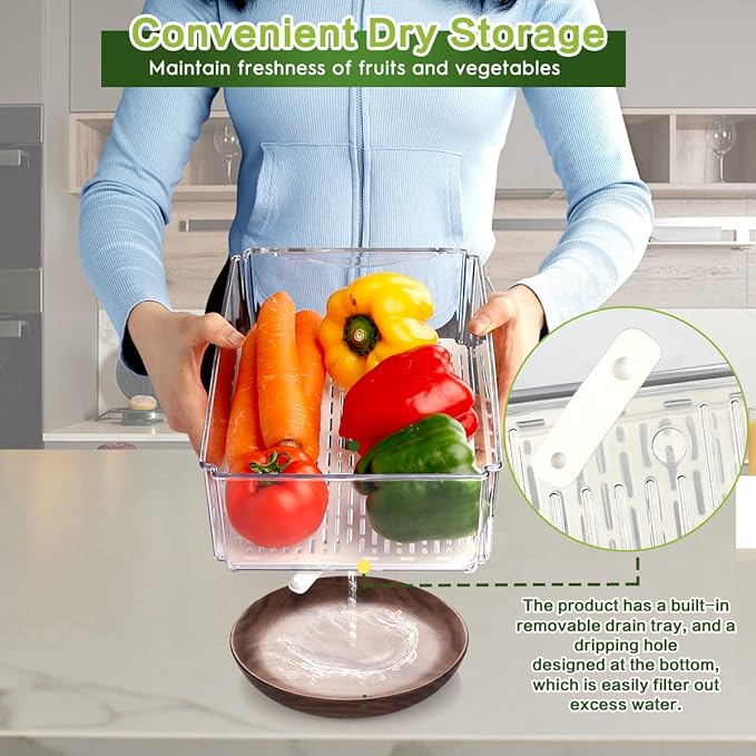 14 Pack Fridge Organizer, Stackable Refrigerator Organizer Bins with Lids, BPA-Free Fridge Organizers and Storage Containers for Fruit, Vegetable, Food, Drinks, Cereals, Clear