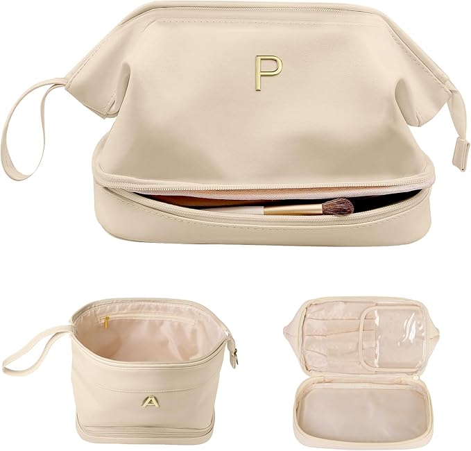 Girlfriend Gifts: Personalized Makeup Bag, Initial Double Layer Cosmetic Bag with Makeup Brush Organizer, PU Leather Travel Toiletry Bag for Women, Her Friend, Sister, Mom