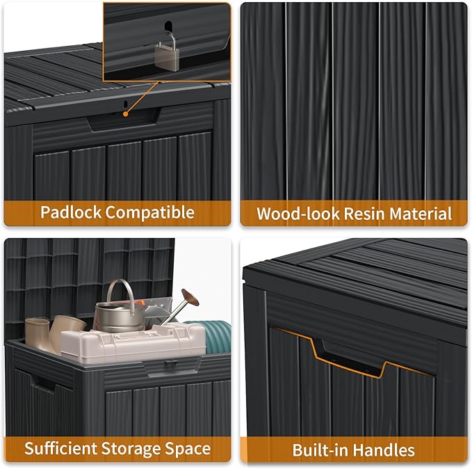 28 Gallon Resin Deck Box, Lockable Patio Outdoor Storage Box for Furniture, Garden Tools and Tools Storage, Waterproof Outside Storage Boxes - Black