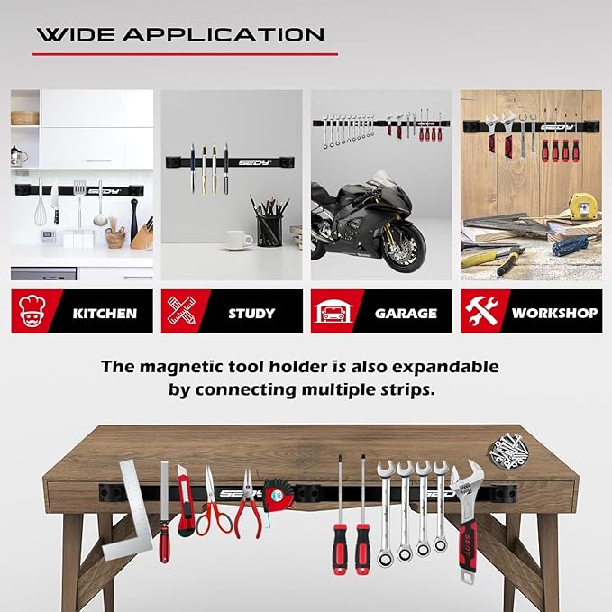 SEDY 7-Piece 12" Magnetic Tool Holder Storage Organizer, Garage Wall Mount Rack Organization Strip Power Magnet Organizers Mounted Workbench Board Slatwall Van Hanger