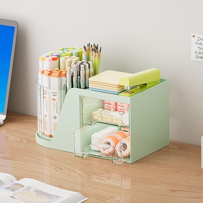 Marbrasse Desk Organizer with 2 Drawer, 360°Rotating Pen Holder, Desk Organizers and Accessories with 6 Slots Pencil Holder + 2 Drawer, Art Supply Storage Box Caddy for Office (Green)