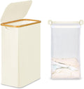 efluky Slim Laundry Basket with Lid, Narrow Laundry Hamper with Removable Bag, Skinny Dirty Clothes Basket with Bamboo Handles for Bathroom, Bedroom & Laundry Room, 65L Beige