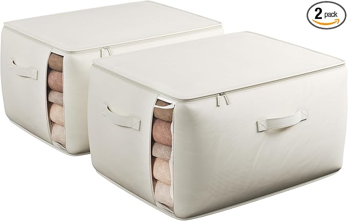 Large Canvas Clothes Storage Bags with Thick Handles and Clear Window, Foldable Cotton Linen Closet Organizer for Clothing, Blankets and Bedding, 70L, 2 Pack, Beige