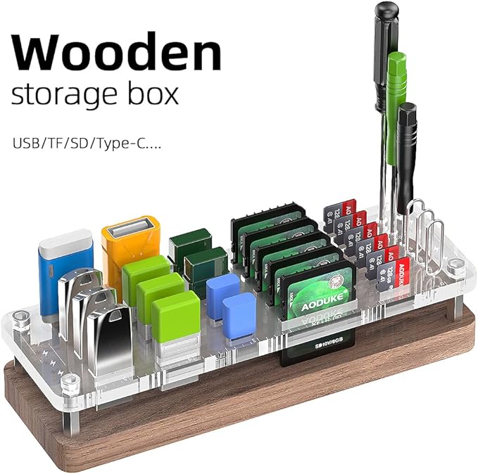 29 Slots Wooden Memory Card Case for Micro TF, USB Flash Drive, and SD Cards - Carrying Case With Screwdriver and Cell Phone Card Removal Pin Holder Desk-02MY