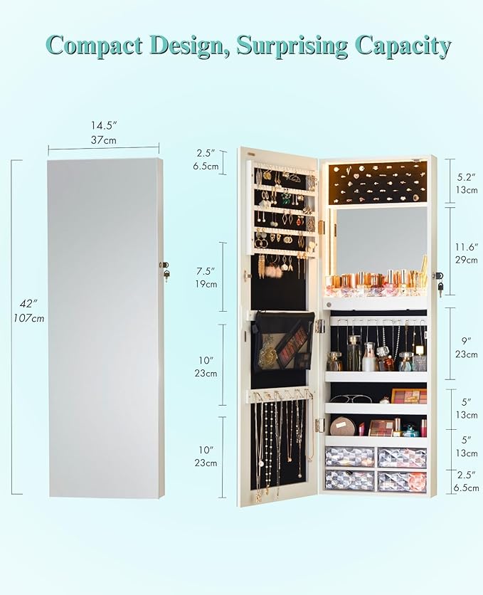 LUXFURNI LED Lights Mirror Jewelry Cabinet Wall Mounted or Door-Hanging, 42" Full Length Mirror with Storage, Built-in Makeup Mirror, Lockable Jewelry Mirror Organizer, White