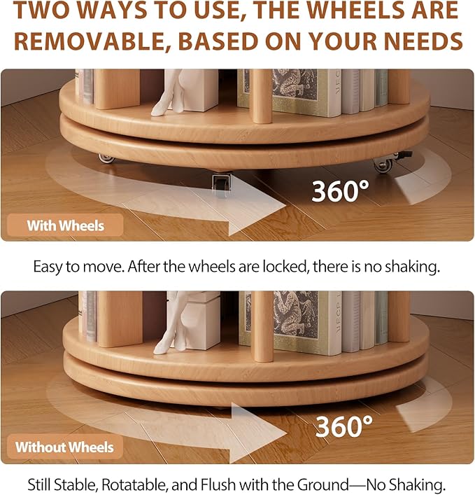 Solid Wood Rotating Bookshelf on Wheels, 6 Tier, Round Revolving Bookcase, 360° Spinning Book Shelf Tower for Kids, Narrow Rolling Bookshelves for Small Space, Corner, Bedroom, Office, Natural