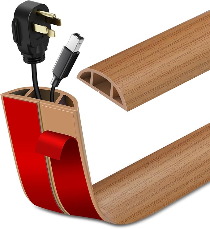 Floor Cord Cover Self Adhesive Cord Hider Floor Extension Cord Covers for Floor Power Cord Protector Cable Management Prevent Cable Trips Cable Cavity 0.59" W x 0.31" H (Light Brown Wood, 20Ft)