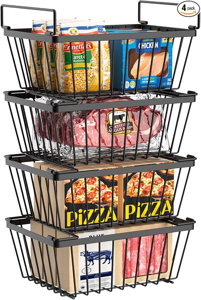 Freezer Organizers bins with Folding Handles，4 Pack Stackable Upright Freezer Organizers baskets for 5-7 Cu.Ft Deep Freezer Storage, Increased Space for Food Storage, Easy to access，Black
