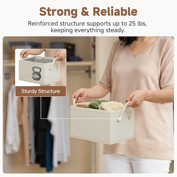 StorageWorks Storage Baskets for Shelves, Foldable Fabric Closet Storage Bins with Handles, Fabric Storage Bins Clothes Organizer, Beige, White & Ivory, 3-Pack, Small