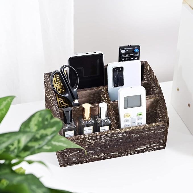 OKSQW Wood Desk Organizer, Solid Wooden Dark Brown Pen Holder for Desktop Organizer, No Need Assembly, Home Office Supplies Workspace Organizers Mail Holder Remote Control Countertop Storage Box