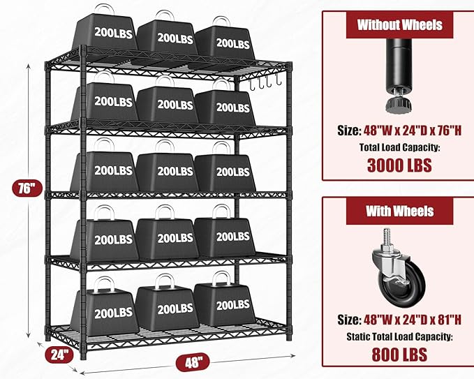 PrimeZone 3 Packs 48" W x 24" D x 81" H Heavy Duty Wire Storage Shelves with Wheels, 5 Tier Adjustable NSF Certified Garage Shelving Unit, Rolling Metal Organizer Shelf Rack for Warehouse, Pantry