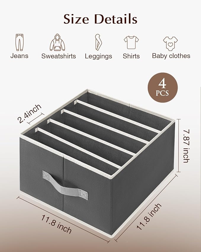 Clothes Organizers and Storage - Fabric Jeans Organizer with Handles, Foldable Drawer Dividers for Clothes, Closet Shelf Organizer for Shirts, Bra, Sweater, Scarf, 6 Pack, Dark Grey