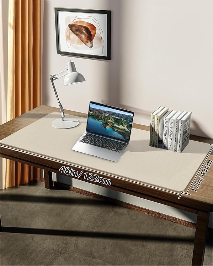 Leather Desk Pad Protector, Office Desk Mat, Large Mouse Pad, Non-Slip Desk Blotter, Laptop Desk Pad, Computer pad,Waterproof Desk Accessories for Office and Home(Beige, 48" x 17")