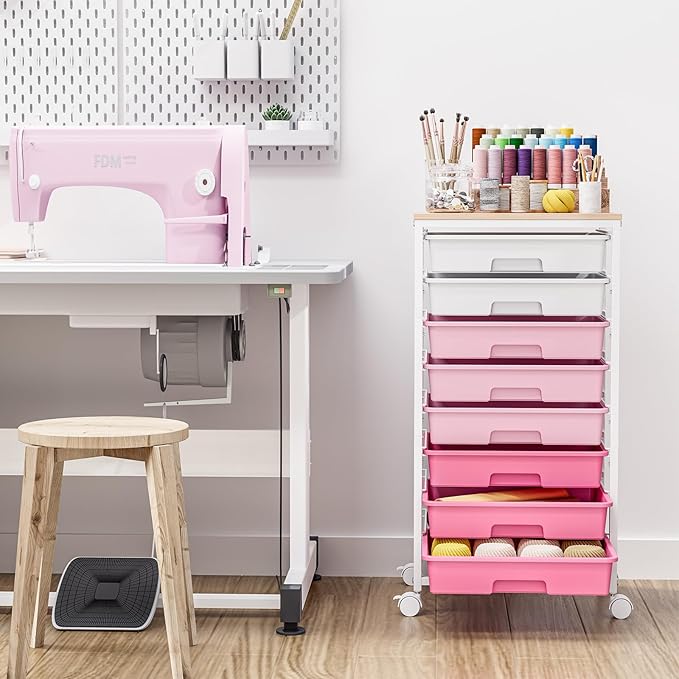 Rolling Cart with Drawers, Pink Cart with 8 Plastic Drawer Storage and Wooden Tabletop, Craft Storage, Teacher Cart, Storage Cart on Wheels, Rose Pink