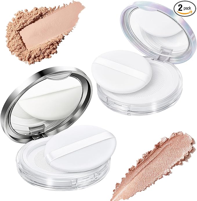 Tokusatsu 2-Pack Refillable Loose Powder Container with Puff & Mirror - 0.17 oz Travel Portable Empty Makeup Compact with Mesh for Women Girls, Silver Iridescent Silver