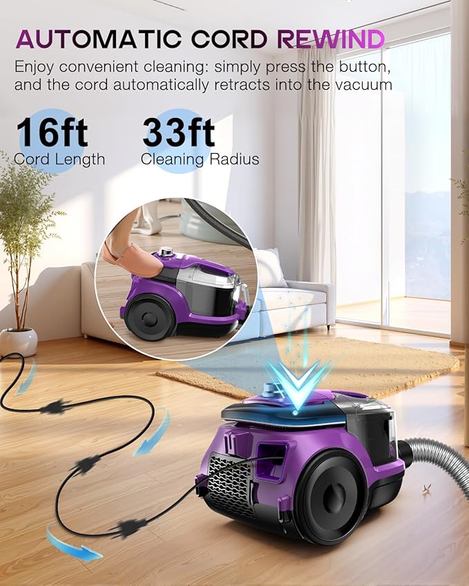 Zefiro Canister Vacuum Cleaner, Bagless Canister Vacuum for Home, Powerful Suction, Auto Cord Rewind, HEPA Filter, Corded Vacuum for Hard Floors, Carpet, Pet Hair, Apartment/Rental Friendly(Purple)